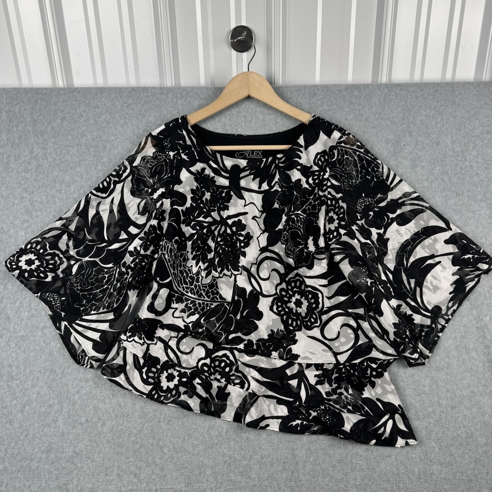 Alex Evenings Blouse Womens Small Black White Floral Tiered Asymmetrical Top